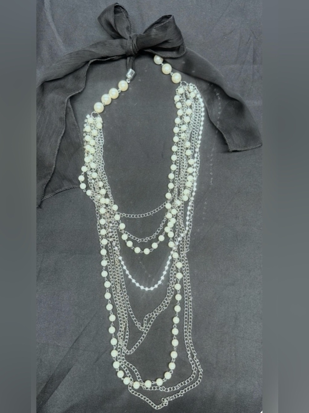 #JC18 Elegant Pearl and Chain Necklace with Black Ribbon